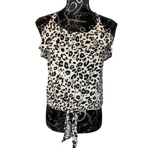 Animal Print Sleeveless Ruffle Blouse Top Tie‎ Front Ladies Casual